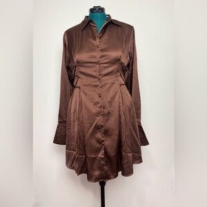 Reclaimed Vintage Women Brown Long Sleeve Satin Dress 10 Whimsigoth Fairy Witchy